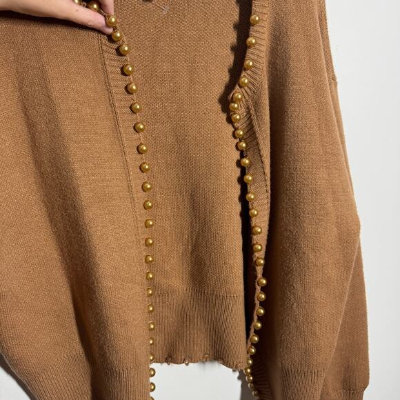 &Merci Cardigan Women M Brown Tan Caramel Pearl Embellished Preppy Quite Luxury - Picture 4 of 8